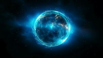 blå sfär glöder i mörk nebulosa atmosfär foto