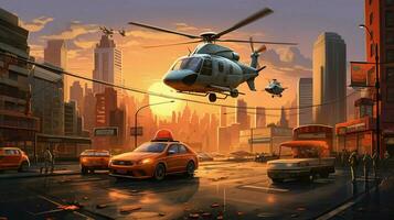 stadsbild scen med helikopter och bilar foto