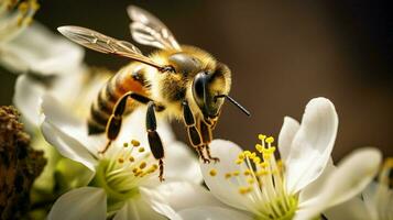 stänga upp arbetsam bi flygande i Sök av dess pollen foto