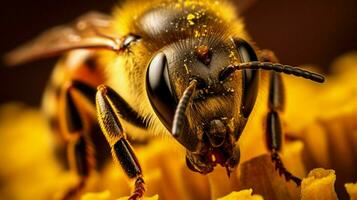 stänga upp av en gul honung bi pollinerande foto