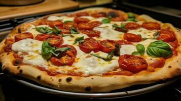 stänga upp av hemlagad bakad pizza med färsk mozzarella foto