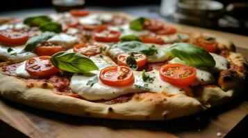 stänga upp av hemlagad bakad pizza med färsk mozzarella foto