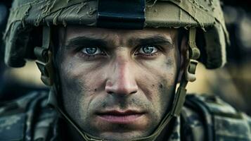 självsäker armén veteran- stirrar ner krig utmaningar foto