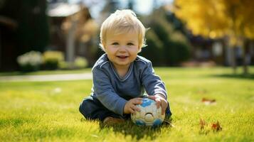 söt caucasian litet barn spelar utomhus innehav leksak leende foto