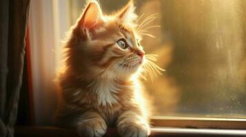 söt kattunge Sammanträde förbi fönster stirrande på solljus foto