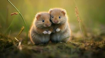 söt däggdjur små och fluffig Sammanträde i natur gräs- foto