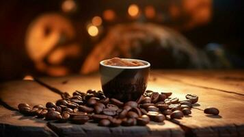mörk cappuccino böna på trä tabell selektiv fokus doft foto