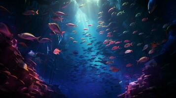 djup Nedan en färgrik skola av fisk simmar foto