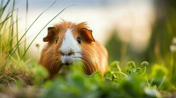 fluffig guinea gris i grön gräs stänga upp porträtt foto