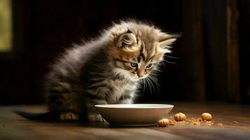 fluffig kattunge äter från fat på trä- tabell inomhus foto