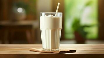färsk krämig milkshake på trä- tabell foto