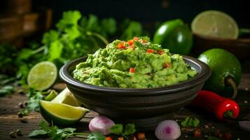 färsk guacamole dopp med Koriander kalk och avokado foto