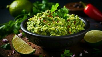 färsk guacamole dopp med Koriander kalk och avokado foto