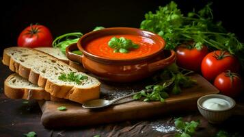 färsk friska vegetarian måltid tomat soppa med hemlagad foto