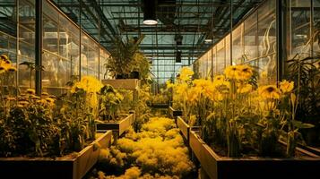 färsk organisk tillväxt i växthus upplyst förbi gul foto