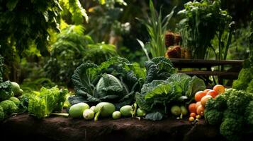 färsk organisk grönsaker vuxen i en frodig grön vegetabiliska foto