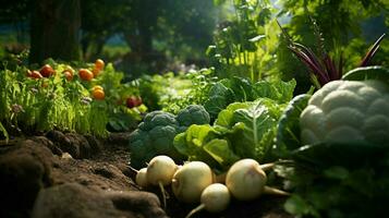 färsk organisk grönsaker vuxen i en frodig grön vegetabiliska foto