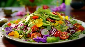färsk organisk vegetarian sallad en friska gourmet sommar foto