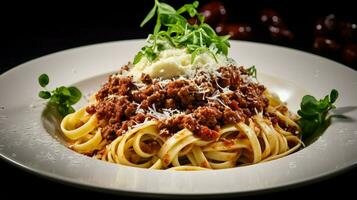 färsk pasta med hjärtlig bolognese och parmesan ost foto