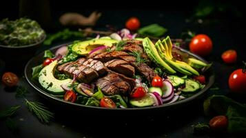 färsk vegetabiliska sallad med grillad kött och avokado foto