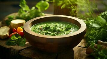 färsk vegetarian soppa med organisk grön grönsaker foto
