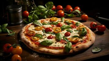 nyligen bakad pizza med mozzarella tomat och vegetabiliska foto