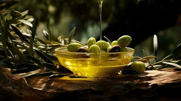 friskhet och natur Häll i in i de skål av organisk oliv foto