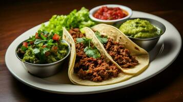 friskhet på en tallrik taco kött guacamole tortilla sås foto