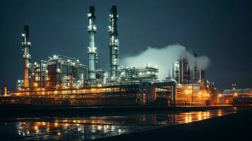 bränsle raffinaderi upplyst på natt med rörledningar foto