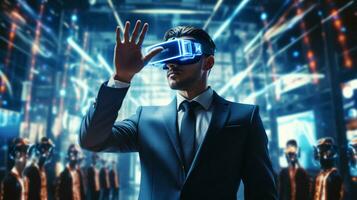 trogen affärsman användningar virtuell verklighet simulator foto