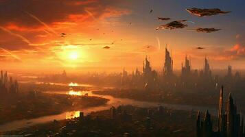 trogen stadsbild på solnedgång män flygande rymdskepp foto