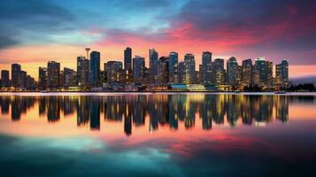 lysande stad horisont speglar på vid vatten på skymning foto