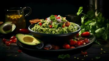 gourmet vegetarian måltid med färsk guacamole dopp foto