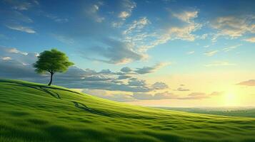 grön äng ensam träd lugn horisont på gryning foto