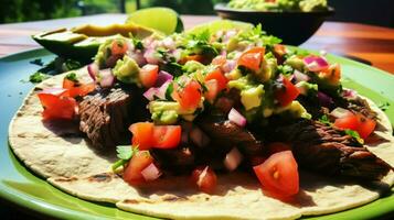 grillad nötkött taco med färsk tomat Koriander och hemlagad foto