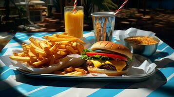 grillad ostburgare frites och förfriskning för lunch foto