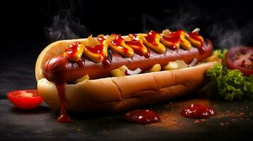 grillad varm hund på bulle med ketchup en klassisk amerikan foto