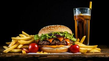 hamburgare med franska frites och soda dryck foto