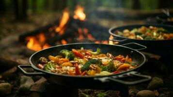 friska vegetarian måltid kokta utomhus på trä flamma foto