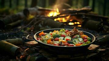 friska vegetarian måltid kokta utomhus på trä flamma foto