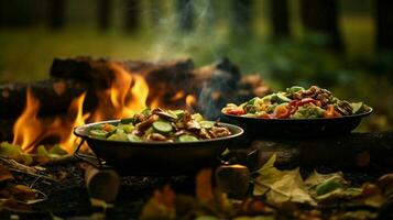 friska vegetarian måltid kokta utomhus på trä flamma foto