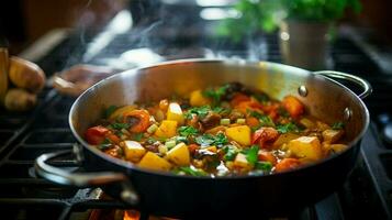 friska vegetarian gryta matlagning på spis topp i hemlagad foto