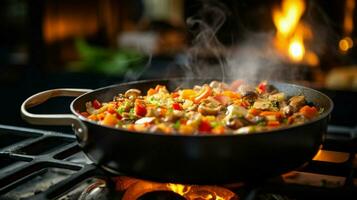friska vegetarian gryta matlagning på spis topp i hemlagad foto