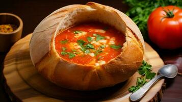 friska vegetarian tomat soppa eras i en hemlagad bröd foto