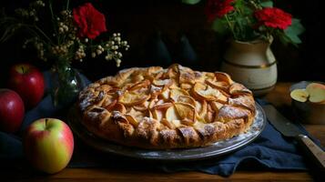 hemlagad äpple paj bakad med färsk frukt och rustik över foto