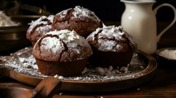 hemlagad choklad muffin med krämig glasyr på rustik trä- tabell foto