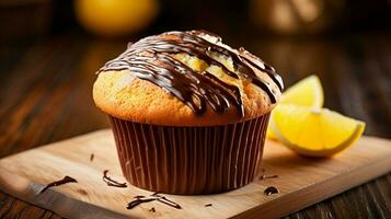 hemlagad citron- muffin med choklad glasyr på trä tabell foto