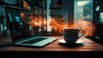 varm kaffe på modern skrivbord trådlös teknologi foto