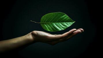 mänsklig hand innehav grön blad symboliserar miljömässigt foto