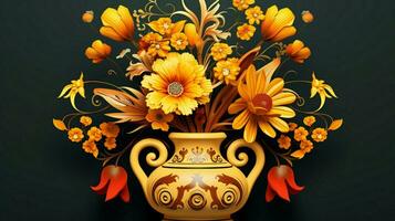 illustration av utsmyckad blomma vas med gul flytande foto